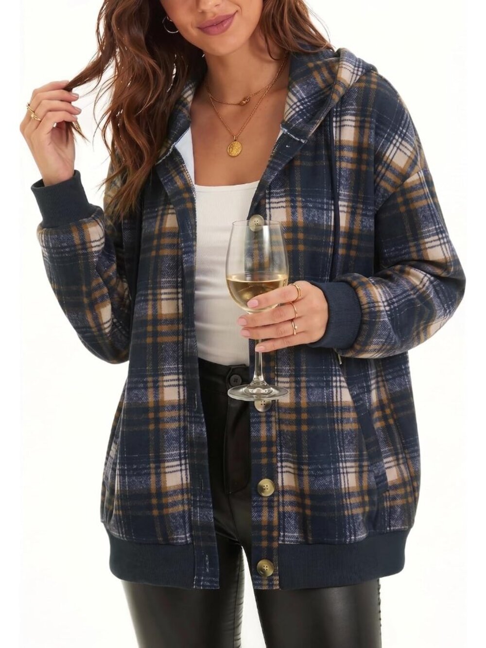 〽️Women's Navy Plaid Hoodie Sweatshirt Button Pocket Comfy Fleece Fashion Jacket
